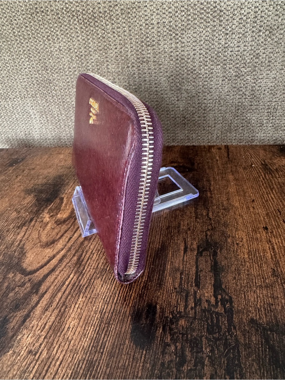 Prada Wine Red Haircalf Zip Wallet with Gold Logo - Picture 2 of 6